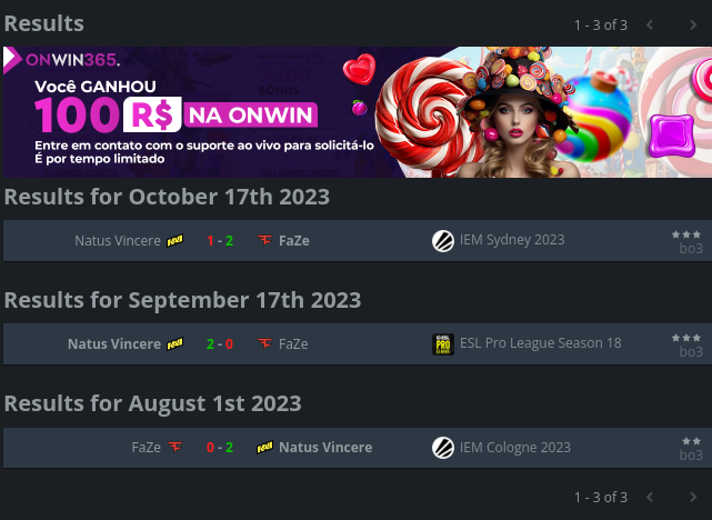 HLTV results page for matches between FaZe and NAVI. There's three matches in the list. FaZe won NAVI in IEM Sydney 2023, NAVI won FaZe in ESL Pro League 18 and NAVI also won in IEM Cologne 2023.
